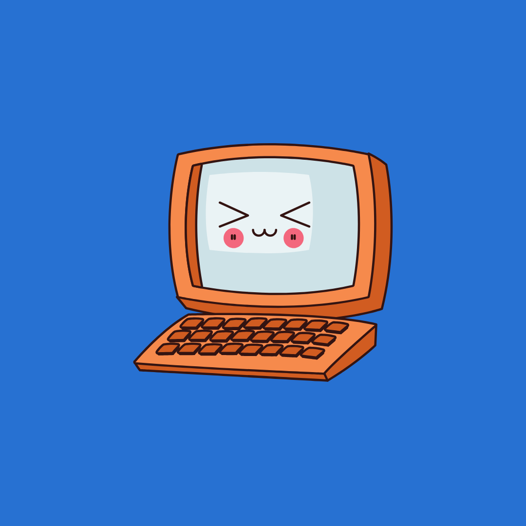 an orange laptop with a face drawn on it.
